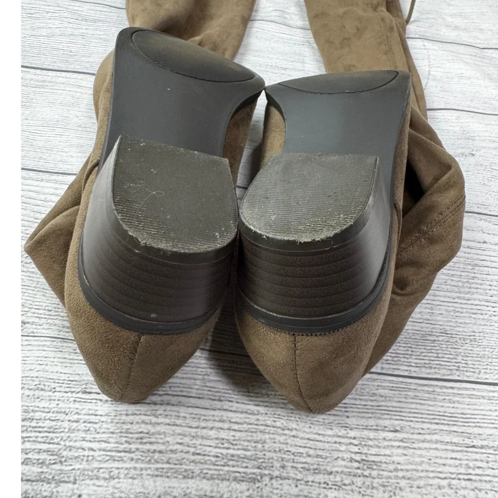 Womens Taupe Faux Suede Over The Knee OTK Boots Low Block Heel Back Tie Sz 8.5